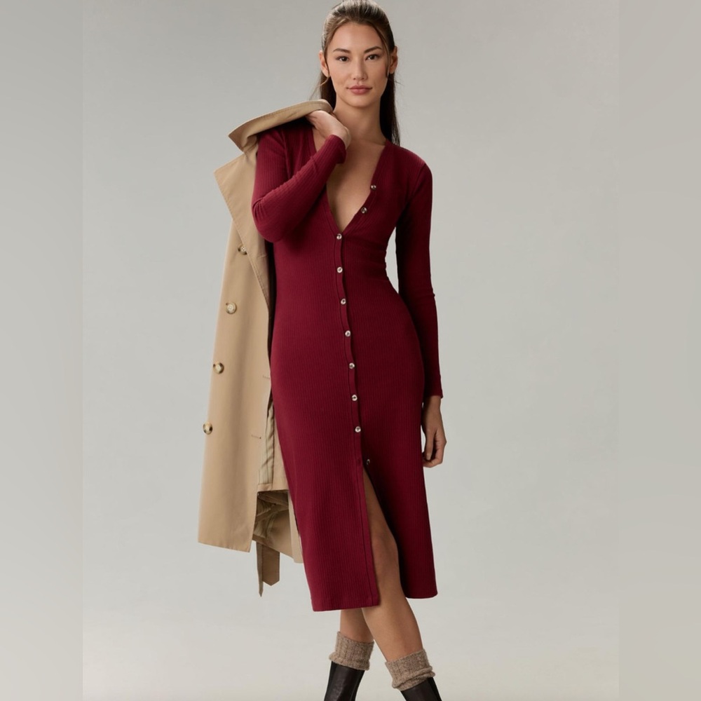 Anthropologie Moth knit sweater dress button front maxi cardigan burgundy merlot